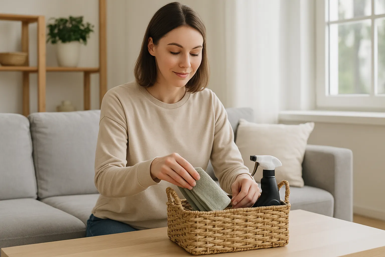 A woman in casual clothes organizing items into a basket in a bright, tidy room, representing the act of calm, intentional cleaning.