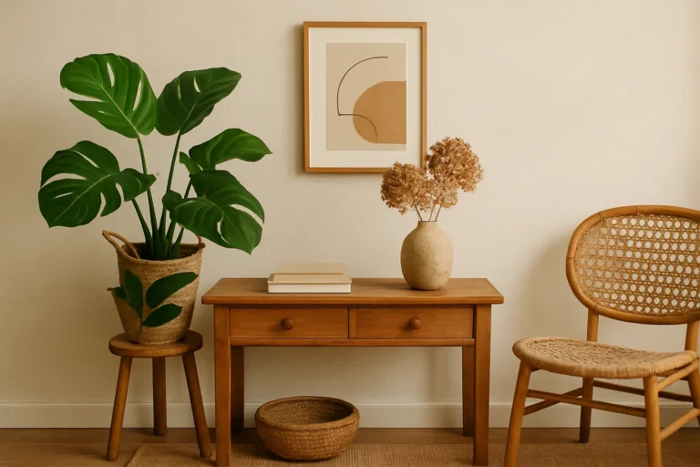 A styled corner with a wooden console table, rattan chair, monstera plant, dried florals in a vase, and abstract wall art, blending natural textures and warm earthy tones.