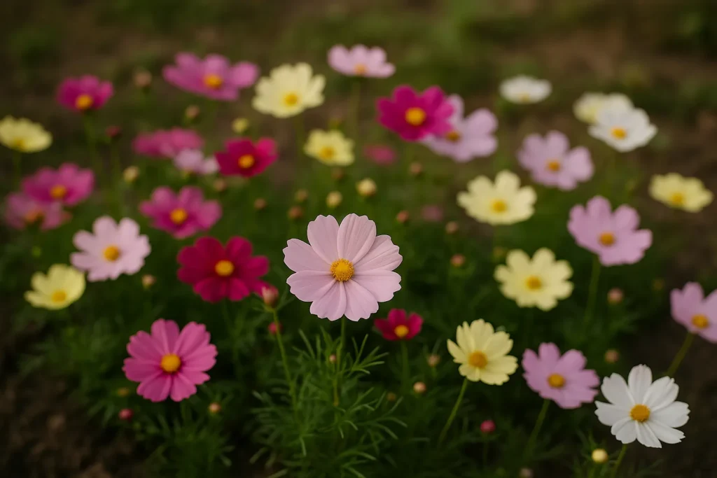 A lush bed of blooming cosmos flowers in shades of pink, yellow, and white, with one pale pink flower in sharp focus and a soft, blurred garden background.