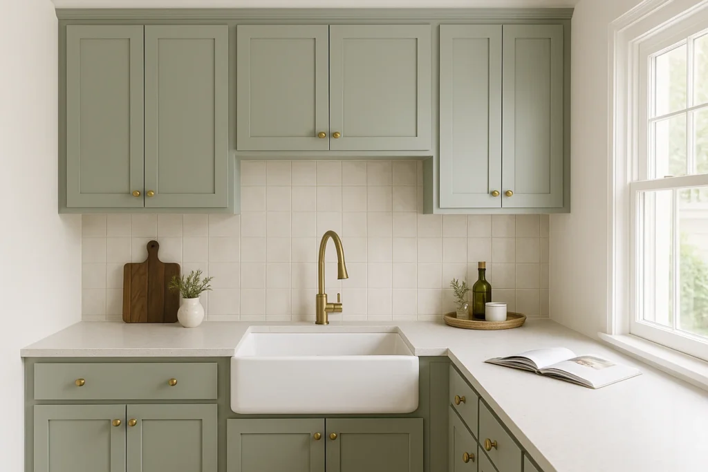 Bright kitchen with sage green shaker cabinets, white farmhouse sink, brass faucet, and styled countertop featuring olive oil, rosemary, and an open cookbook by the window.