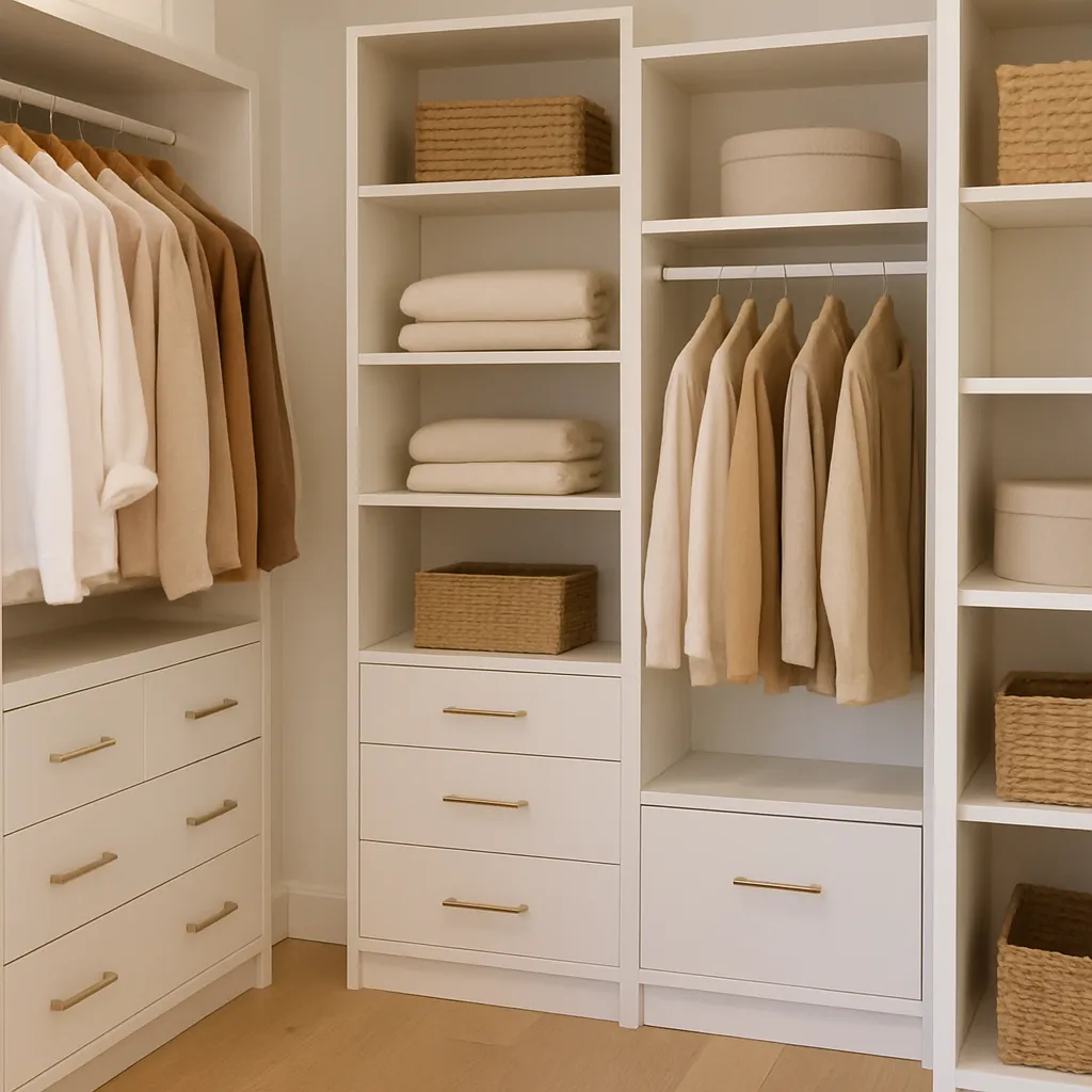 Organized walk-in closet with white built-in shelves, hanging rods, drawers, neutral-toned clothing, and woven baskets on light wood flooring.