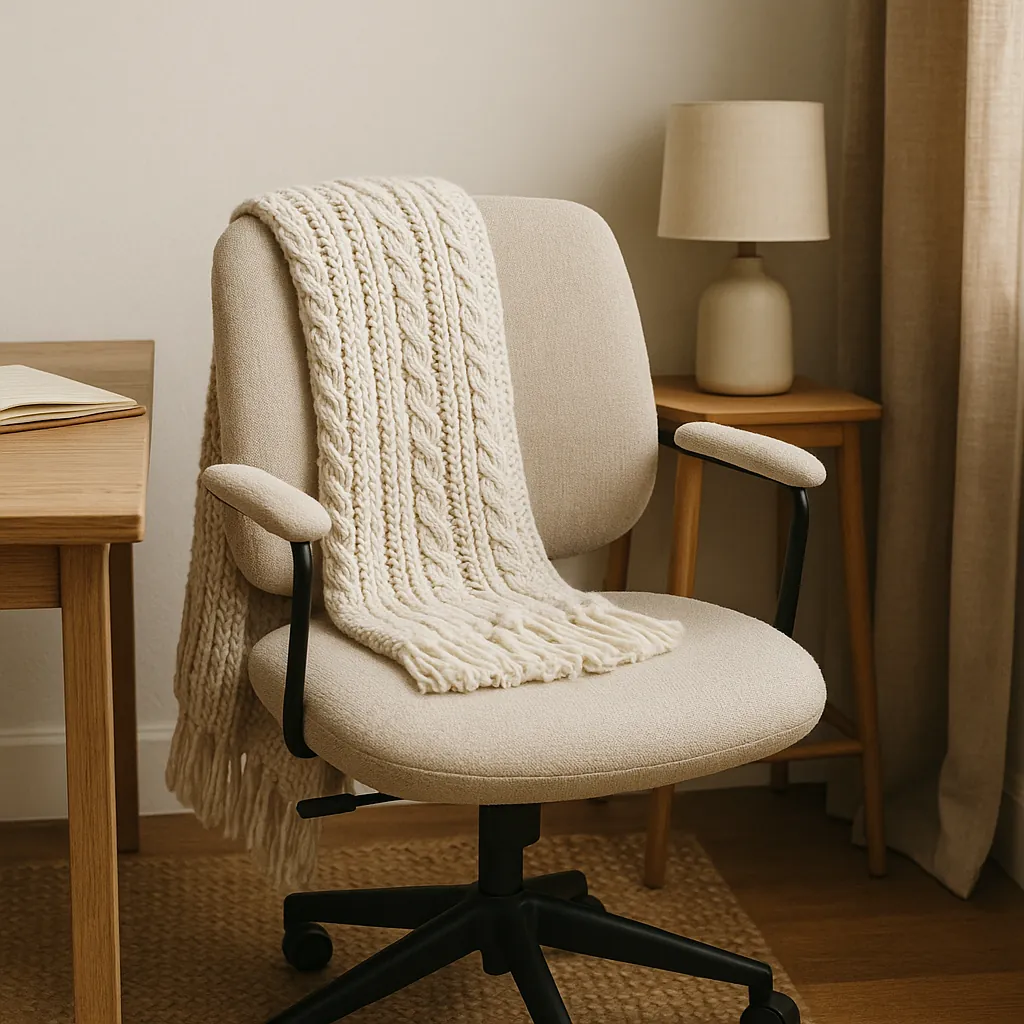 Beige home office chair with a chunky knit throw draped over the back, next to a light wood desk, table lamp, and curtain-filtered window, creating a cozy and inviting nook.