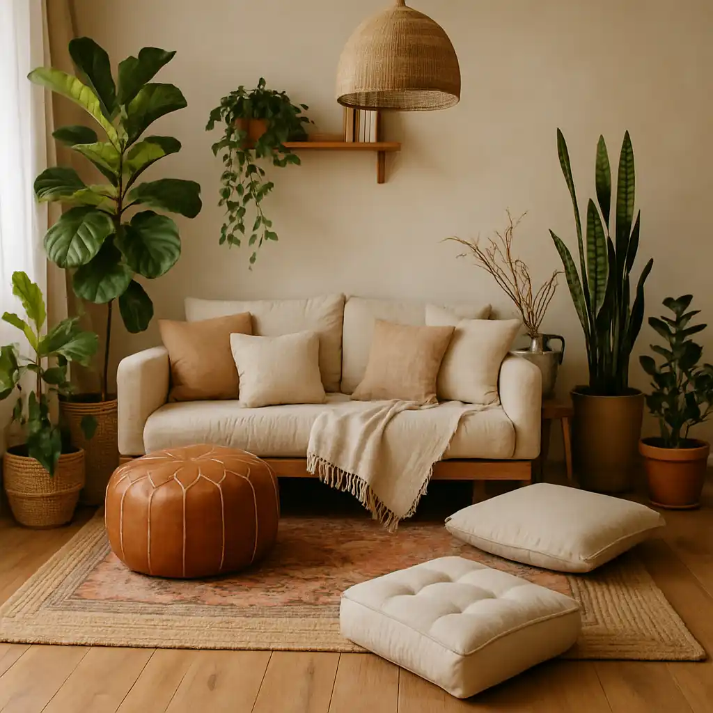 A warm boho living room with floor cushions, a leather pouf, neutral-toned sofa, and soft rugs, surrounded by indoor plants and cozy natural textures.