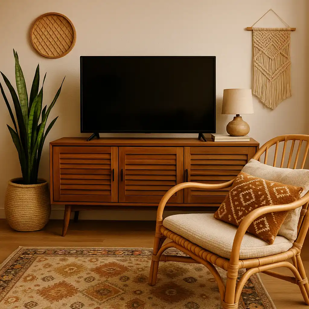 A boho-style TV corner with a wooden media console, rattan armchair, snake plant, macrame wall hanging, and neutral tones that keep the tech subtle and stylish.