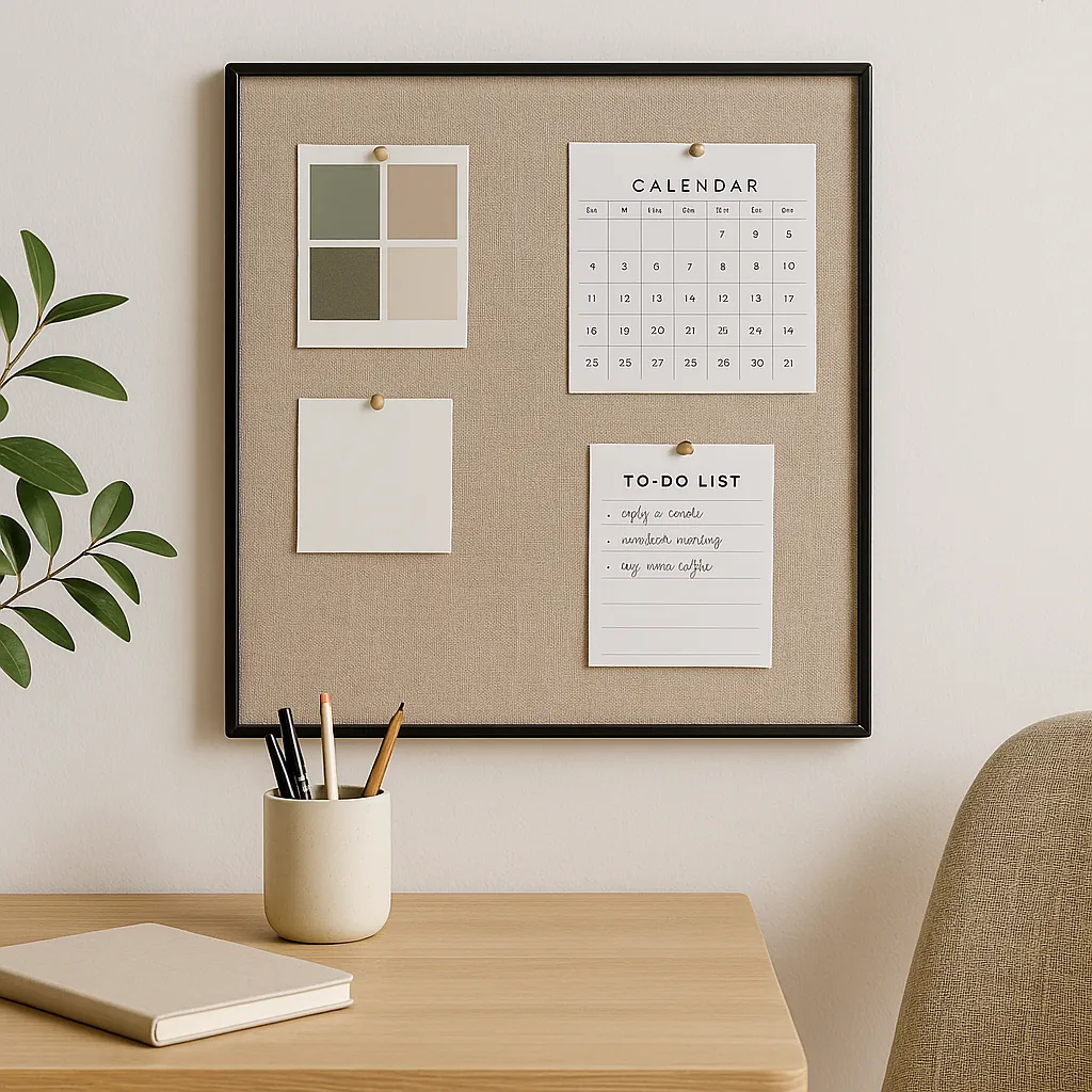 Linen-covered memo board in a modern home office, pinned with a color swatch, calendar, to-do list, and sticky note, mounted above a light wood desk with minimal accessories and soft lighting.