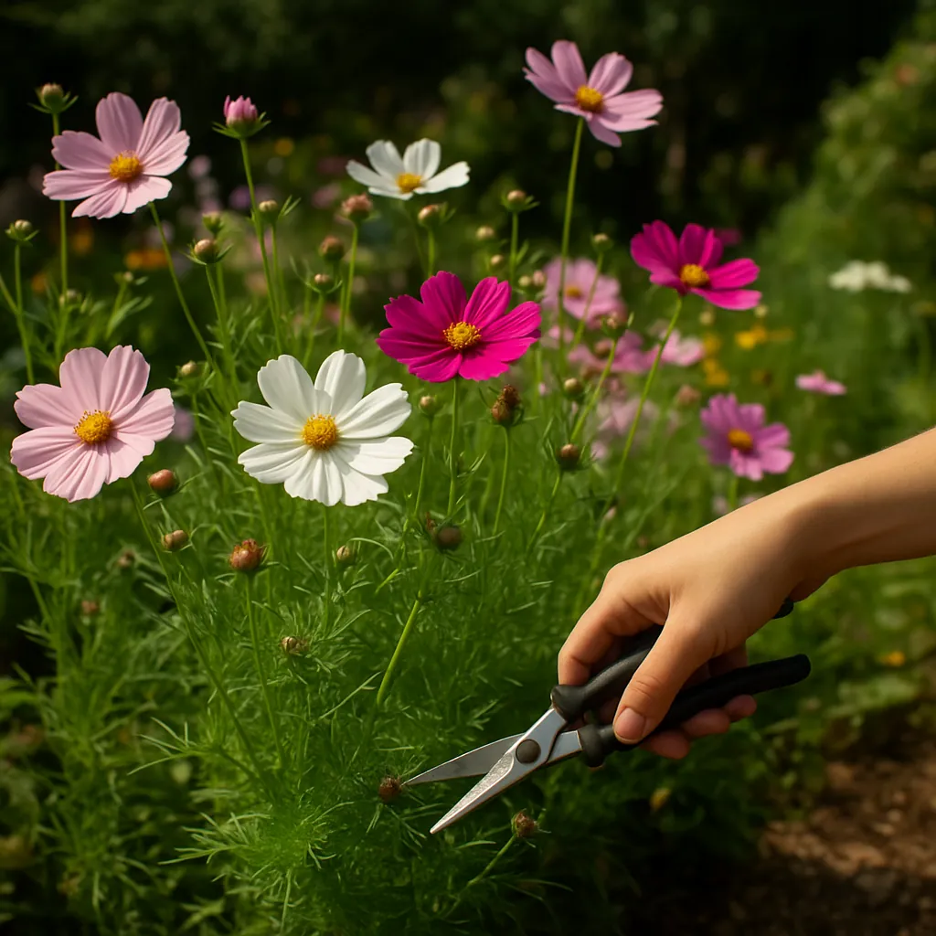 A gardener’s hand trims a faded cosmos bloom with pruning shears, surrounded by blooming cosmos flowers in shades of pink, white, and magenta on a sunlit day.