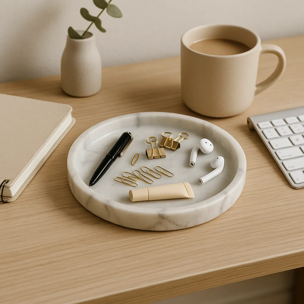 Light wood home office desk with a round marble catch-all tray holding paper clips, earbuds, lip balm, and a pen, next to a coffee mug, keyboard, and neutral accessories for a tidy, stylish workspace.