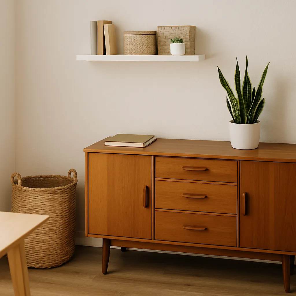Home office corner featuring a mid-century modern wooden sideboard with drawers and closed cabinets, accented by woven baskets, potted plants, and neutral decor for clutter-free storage.