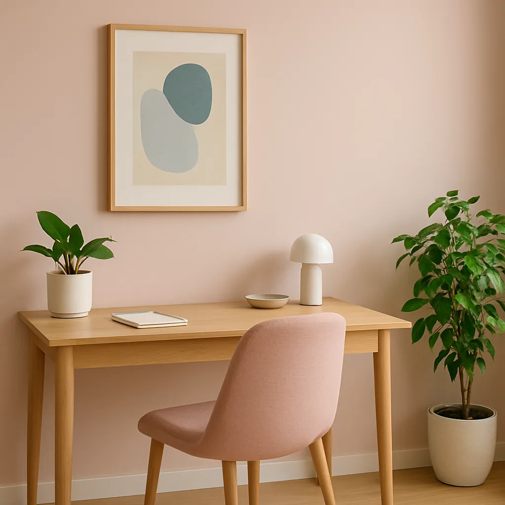 Minimalist home office corner with a soft pink wall, light wood desk, blush upholstered chair, potted plants, and abstract artwork, styled for a calming color palette.