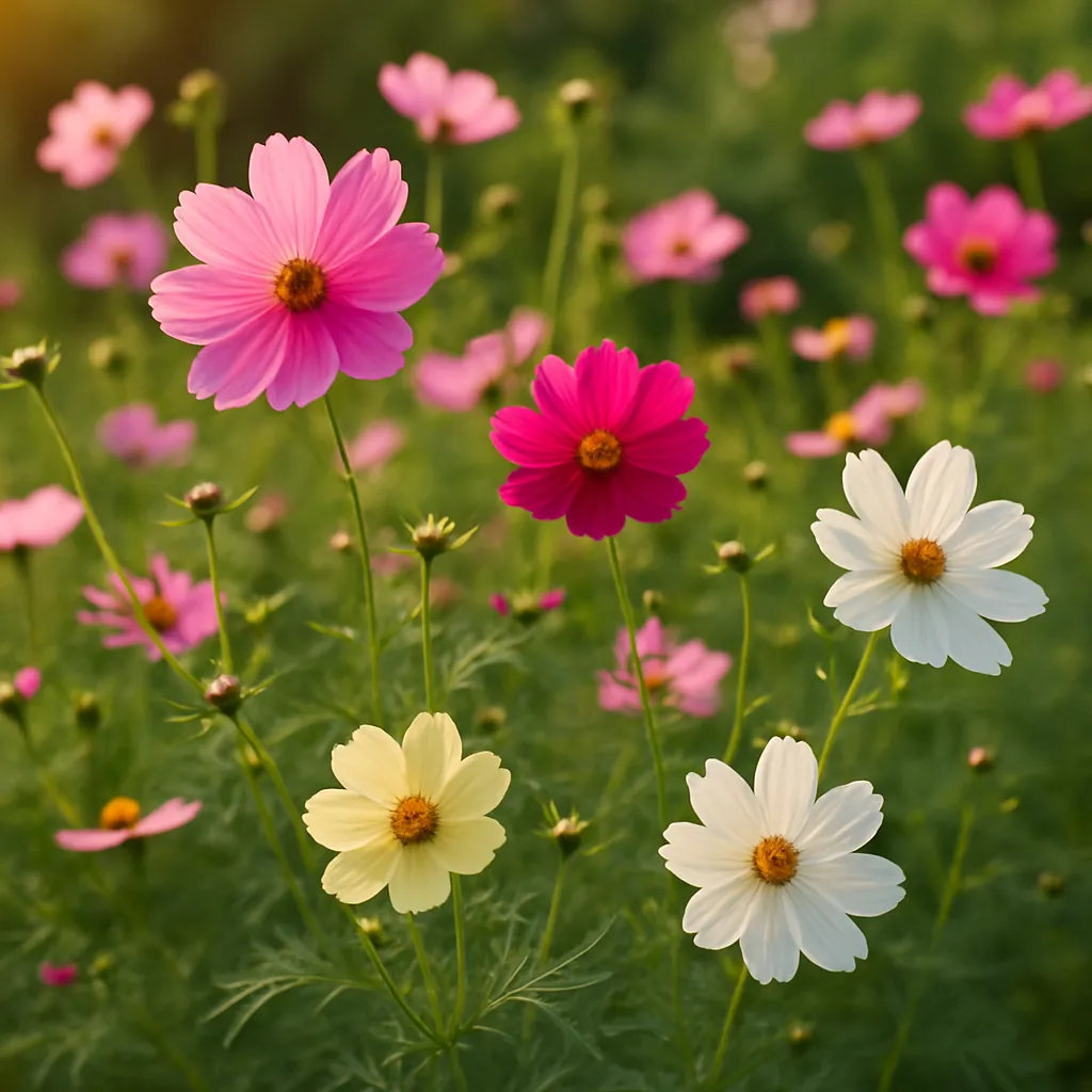 Cosmos flowers in soft pink, fuchsia, pale yellow, and white blooming in a sunlit garden, surrounded by delicate greenery and warm afternoon light.