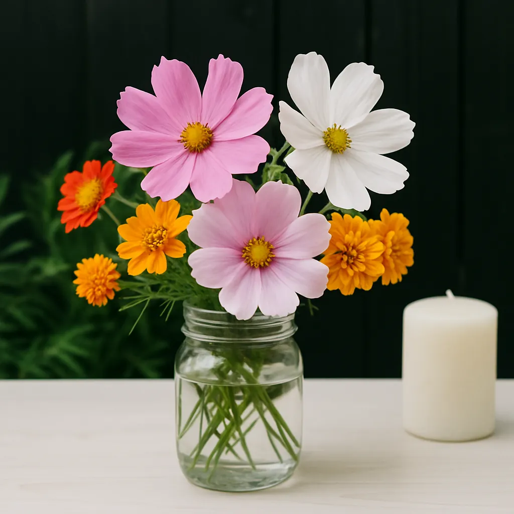 Bouquet of cosmos, marigolds, and zinnias arranged in a mason jar beside a white candle, styled against a black fence and white table for a cozy indoor-outdoor decor vibe.