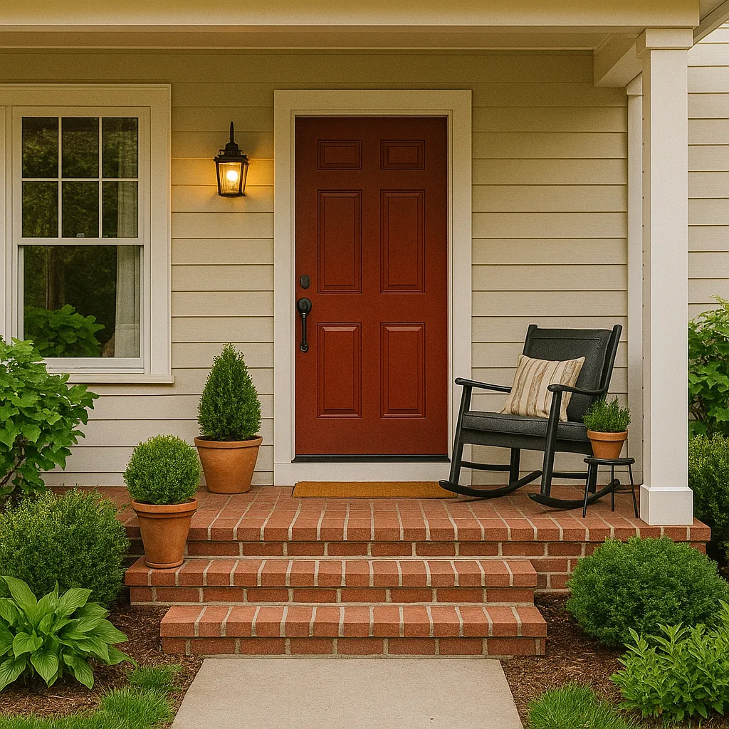 Charming front porch with a red door, glowing lantern light, potted plants, and a black rocking chair, framed by beige siding and white trim.