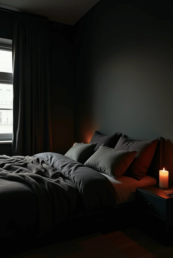 Dark and moody bedroom with charcoal walls, soft black bedding, and a cozy throw blanket. A single lit candle on the nightstand adds a warm glow, creating a peaceful, intimate atmosphere perfect for relaxation.