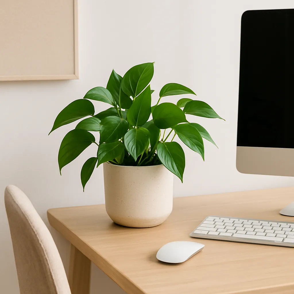 Minimalist home office desk featuring a lush pothos plant in a neutral ceramic pot, next to a wireless mouse and keyboard, with soft lighting and natural textures for a calm, green workspace.