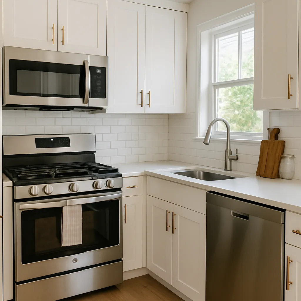 Modern kitchen with stainless steel energy-efficient appliances, white shaker cabinets, a subway tile backsplash, and quartz countertops lit by natural sunlight.