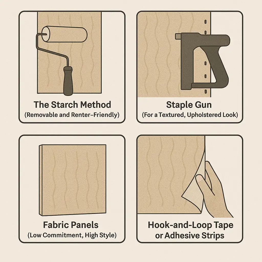 Illustration showing different fabric wall installation techniques including starch, staple gun, panels, and adhesive strips.
