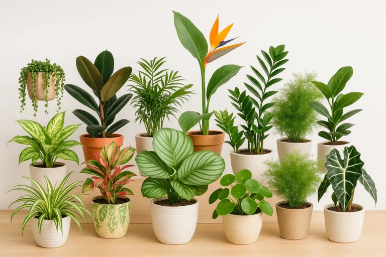 Twelve potted indoor plants including Monstera, Spider Plant, Bird of Paradise, and Pilea, arranged on a light wooden surface against a white wall, illuminated by soft natural light in a cozy, modern setting.