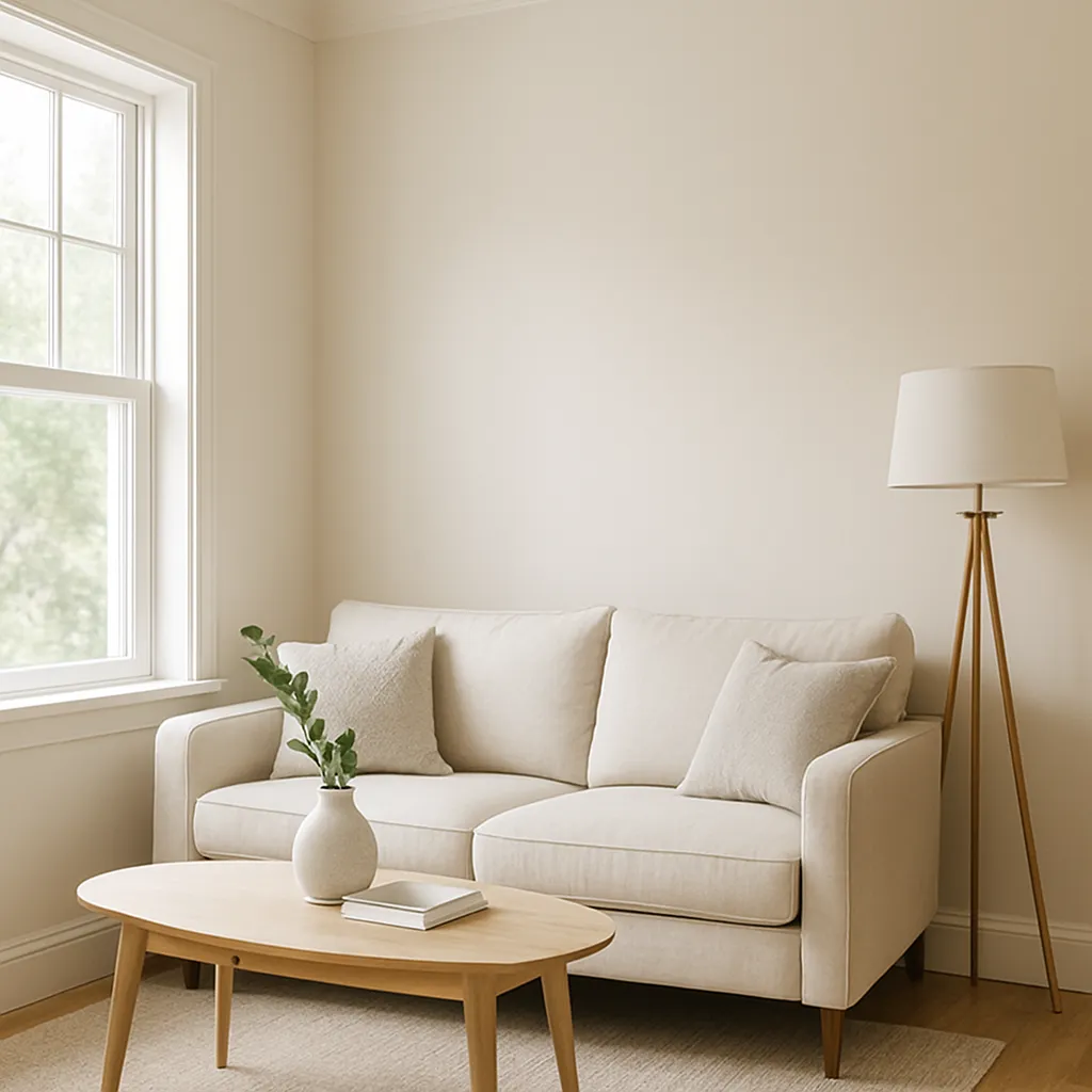 Bright living room with warm off-white painted walls, a beige sofa, wooden coffee table, ceramic vase, and a modern floor lamp by a large window.