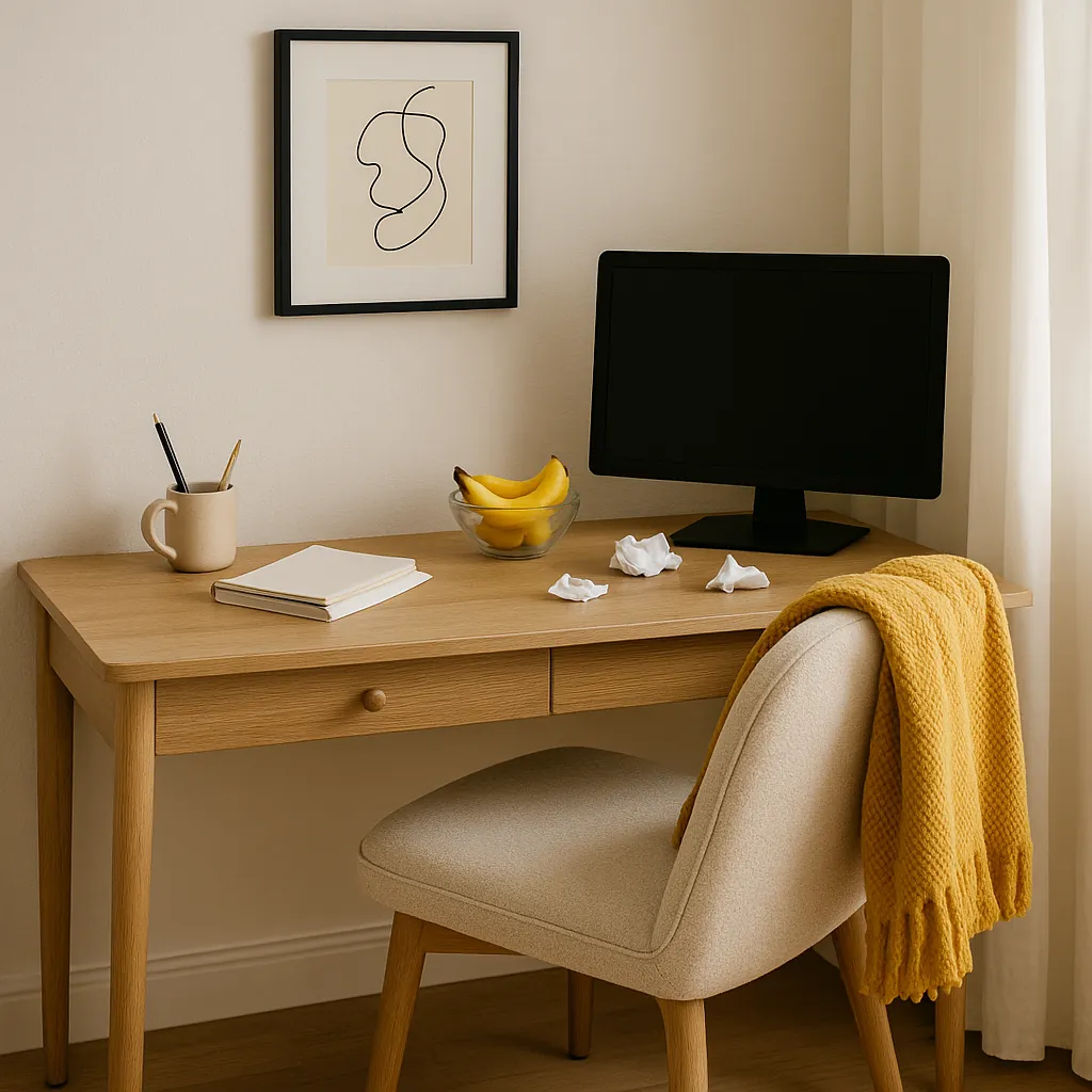 Cozy home office corner with a light wood desk, beige upholstered chair draped with a mustard yellow throw, computer monitor, crumpled papers, a bowl of bananas, and framed abstract art — styled for comfort and realism.