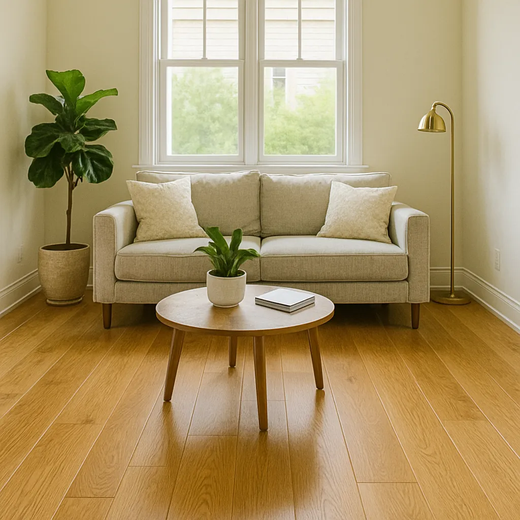 Bright living room with golden oak hardwood flooring, a beige modern sofa, wooden coffee table, tropical plant, and a brass floor lamp by the window.