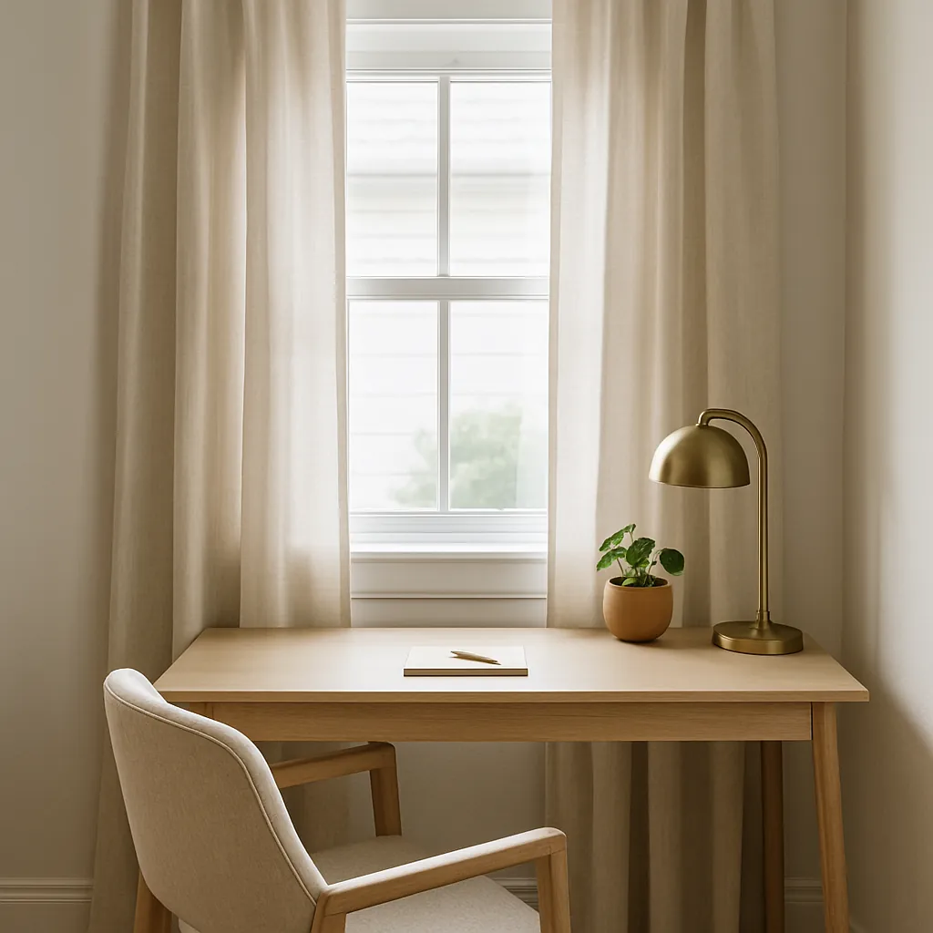Minimalist home office corner with soft beige curtains framing a large window, a light wood desk with a brass lamp and small plant, and a beige upholstered chair — styled for sound absorption and visual warmth.
