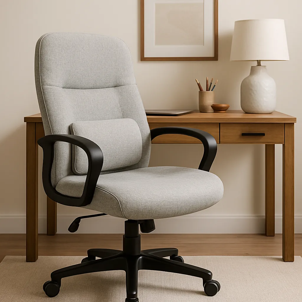 Modern home office setup featuring a gray ergonomic chair with padded arms and lumbar support, placed in front of a wooden desk with warm lighting and minimalist decor.
