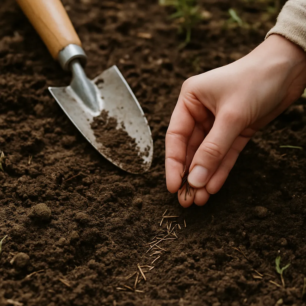 A close-up of a gardener’s hand sowing cosmos seeds into loose soil, with a metal trowel beside the planting row, captured in warm, natural light.