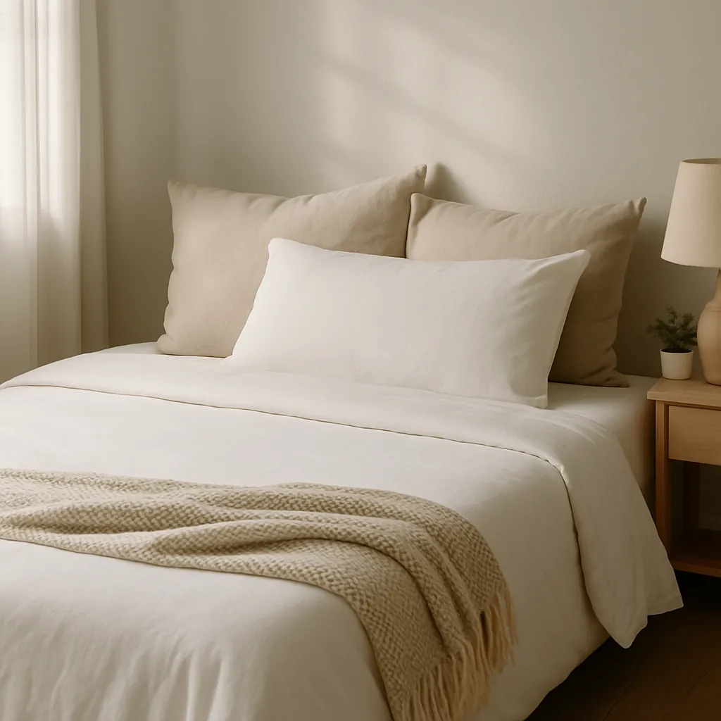 A neatly made bed with soft neutral bedding, a cozy throw, and large pillows beside a wood nightstand, all lit by gentle natural light—illustrating how small nightly cleaning rituals like tidying the bed can help your home feel calmer and more restful.