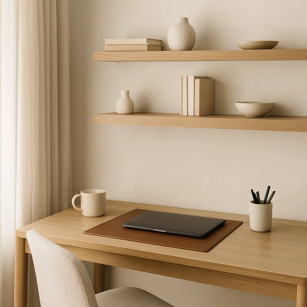 Minimalist home office with layered textures including a leather desk pad, linen curtains, ceramic cup, and floating wooden shelves with books and vases, all styled in warm, neutral tones.