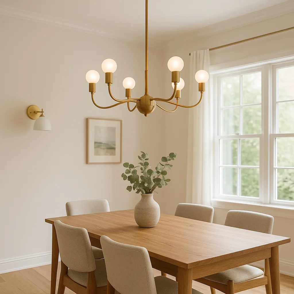 Bright dining room with a modern gold chandelier, beige upholstered chairs, a wooden table, wall sconce lighting, and natural light streaming through large windows.