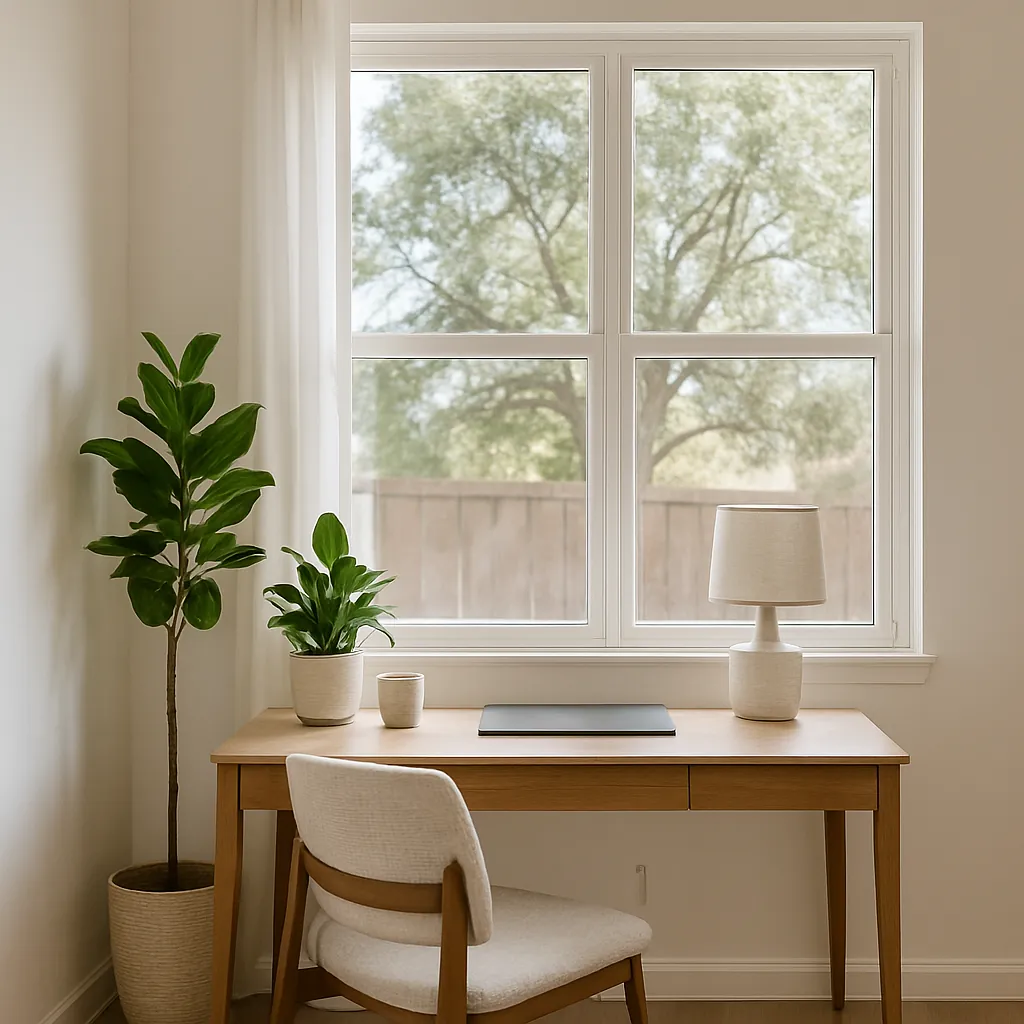 Home office with a light wood desk placed in front of a large sunlit window, framed by white curtains and accented with potted plants and neutral-toned decor for a bright, calming workspace.