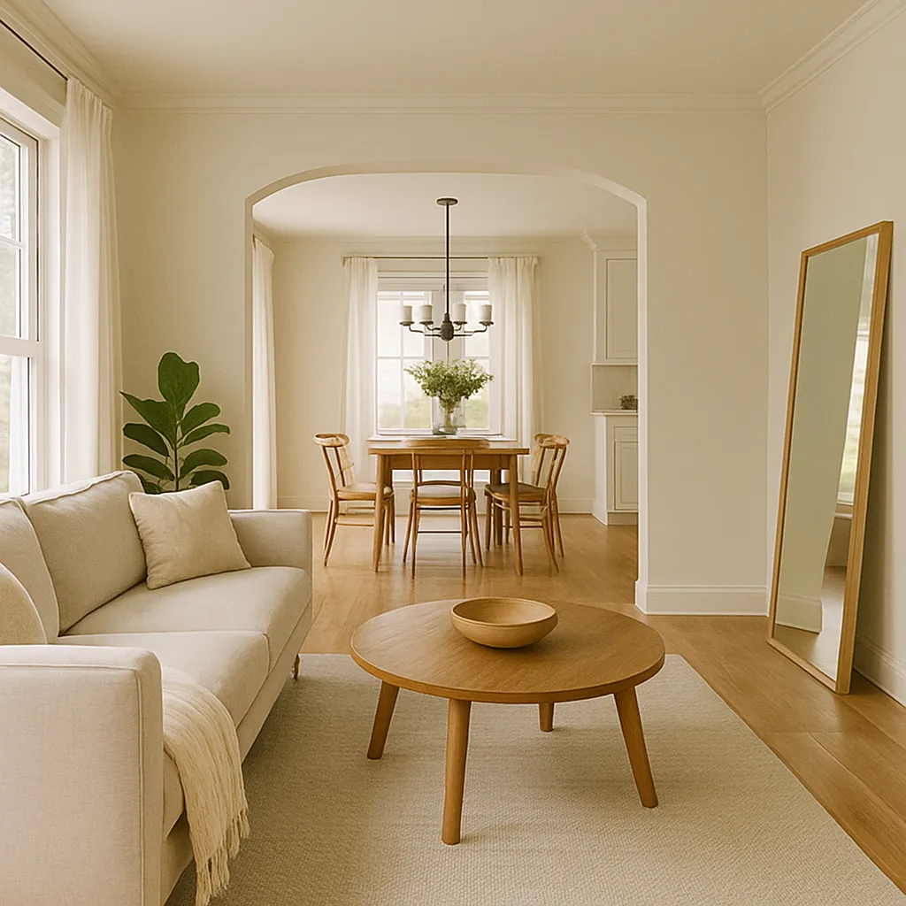 Bright open-concept living and dining room with neutral tones, large windows, a beige sofa, wooden coffee table, and an arched doorway framing a dining area.