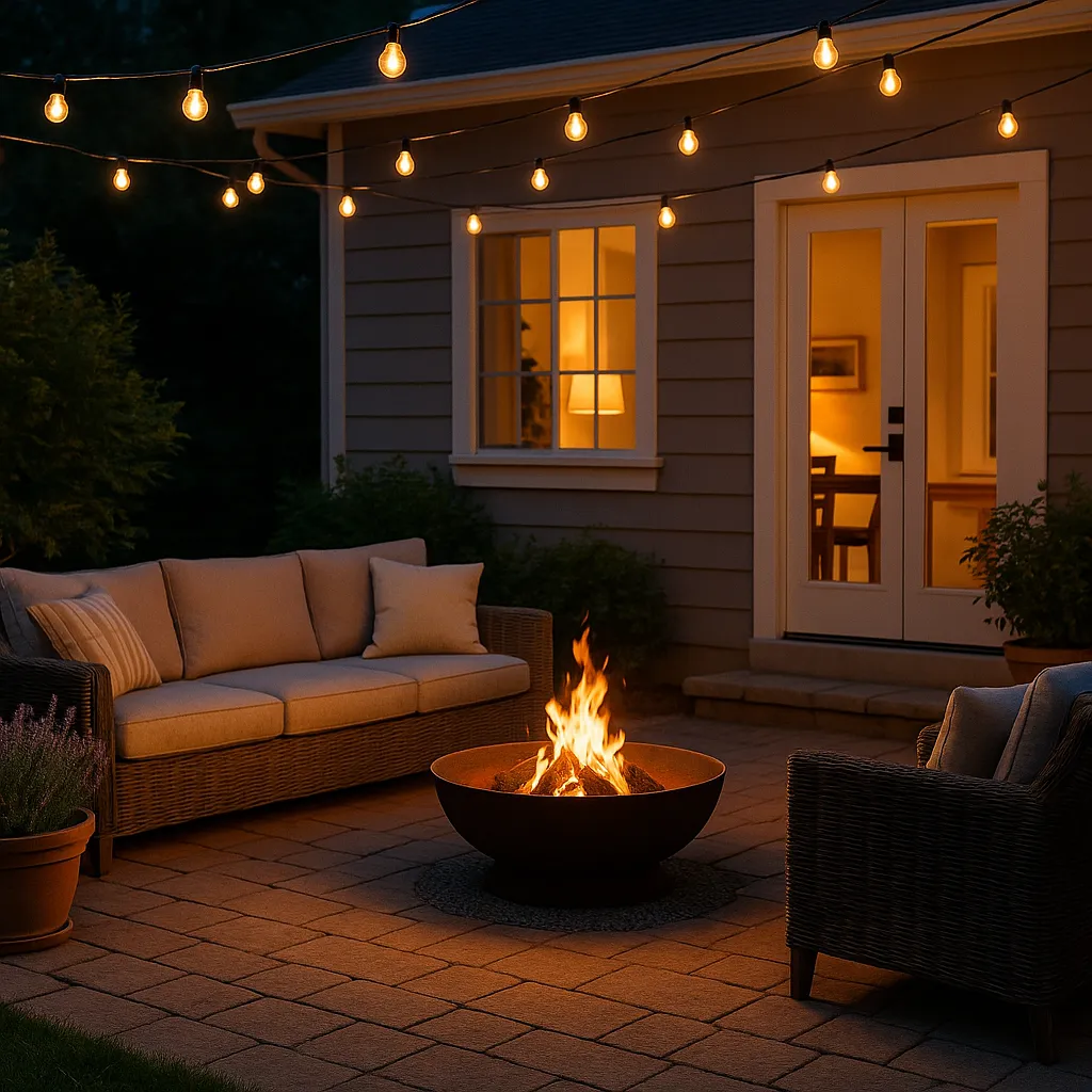 Cozy outdoor patio at dusk with string lights, a crackling fire pit, cushioned wicker seating, and potted plants surrounding a modern home entrance.