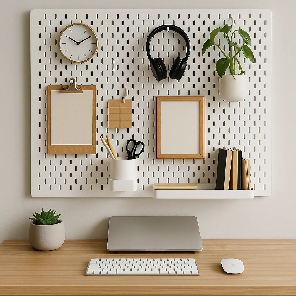 Home office desk setup with a white pegboard mounted above, displaying a clock, headphones, clipboard, plant, framed art, and storage shelf, all bathed in soft natural light with a laptop and keyboard below.