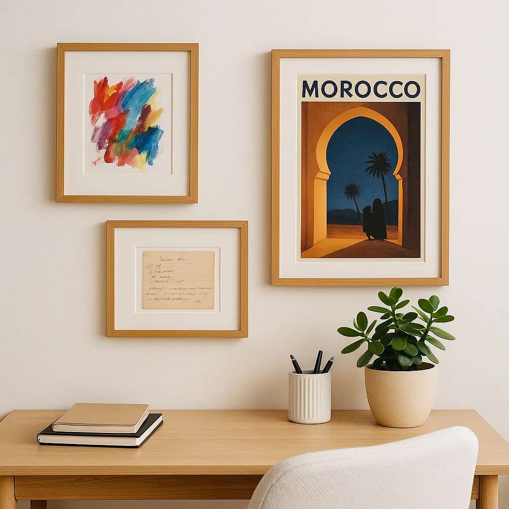 Home office corner with framed wall art, including a child’s finger painting, a vintage Morocco travel poster, and a handwritten recipe card, above a light wood desk with stacked notebooks, a ceramic pen cup, and a jade plant.