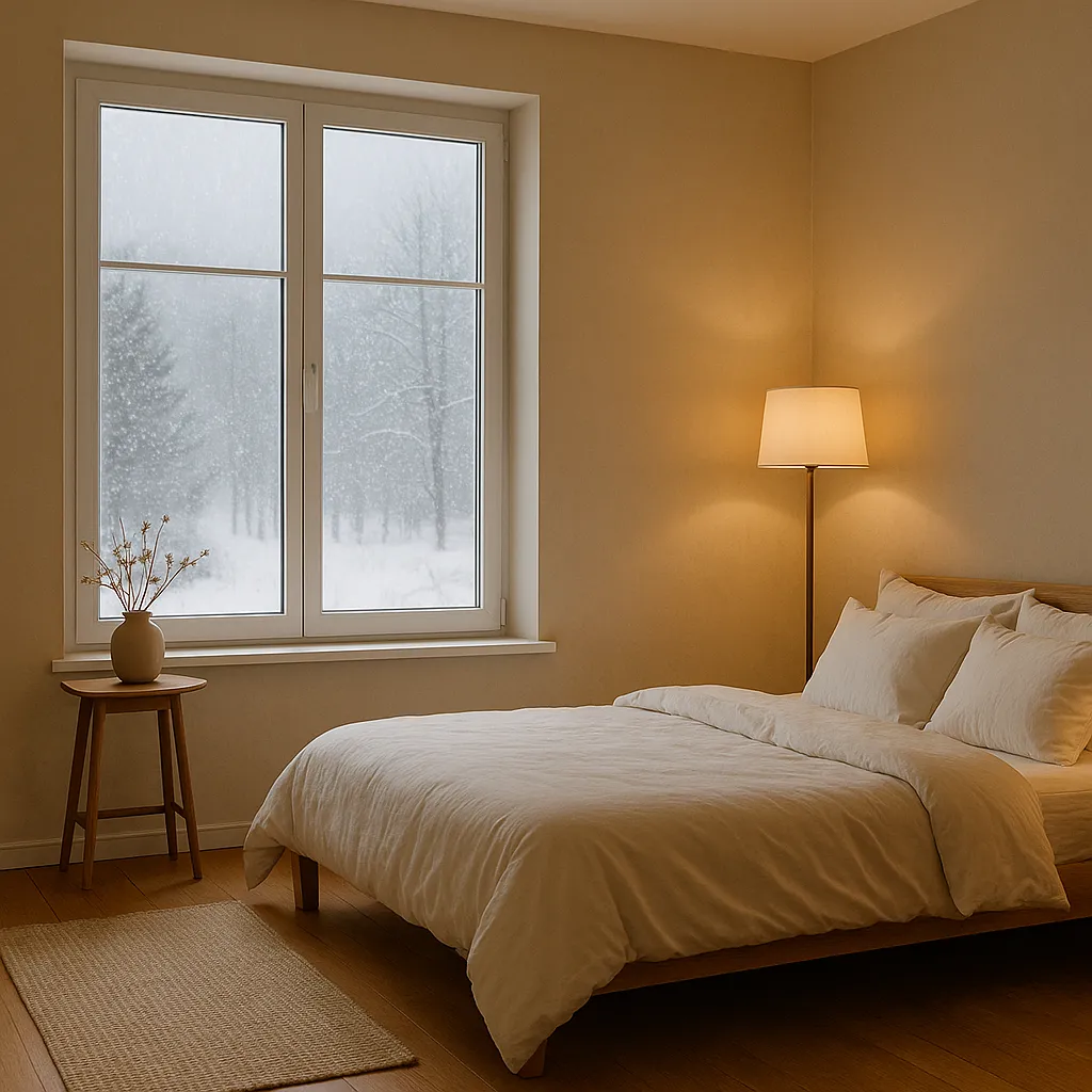 Cozy bedroom with soft beige walls, warm lighting, and a large window showing a snowy winter scene, highlighting indoor comfort and energy efficiency.