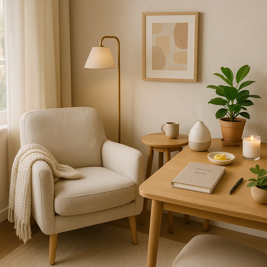 Warm-toned home office corner with a beige armchair, essential oil diffuser, a candle, a dish with lemon slices, and greenery on a wooden desk — styled for a soothing, scent-focused workspace.