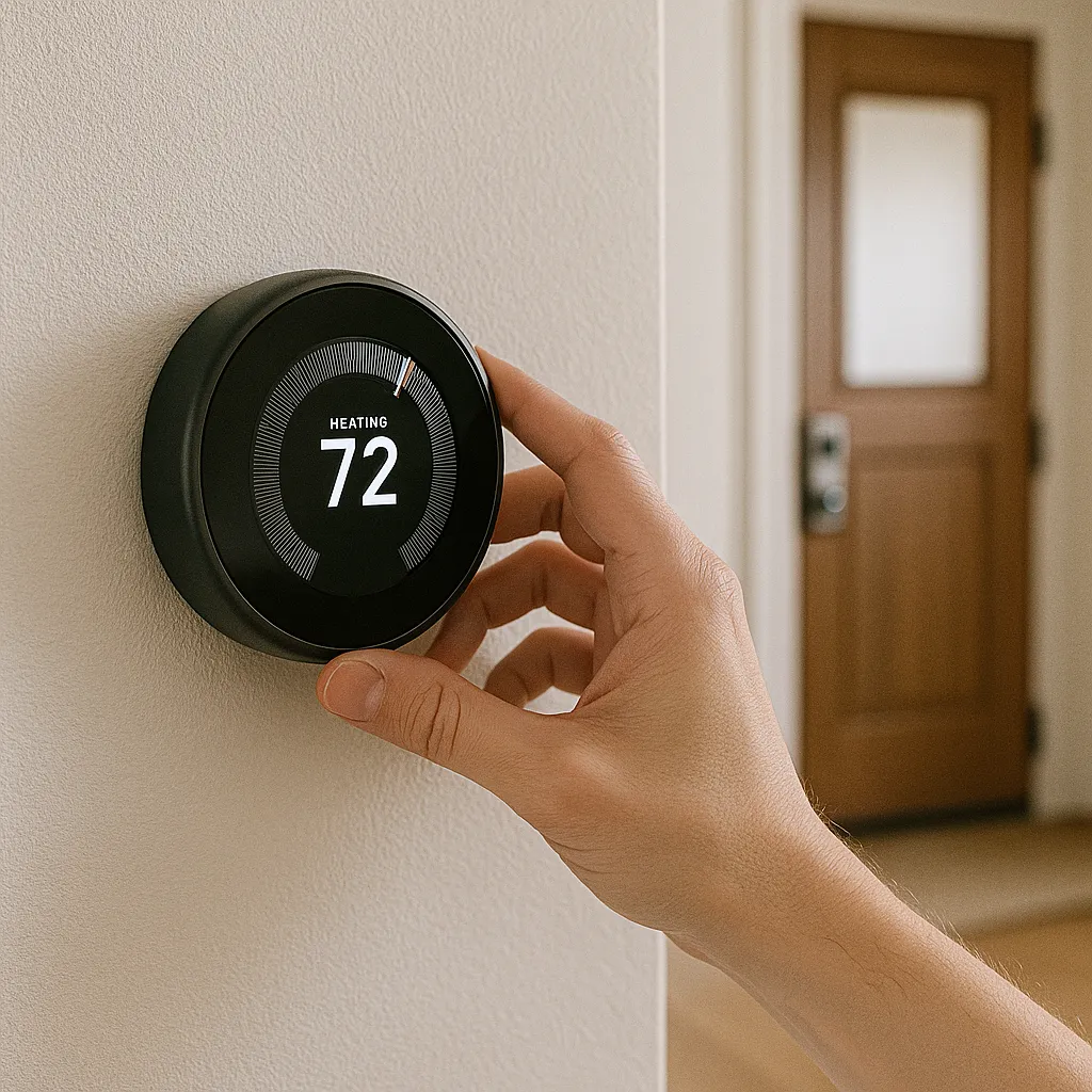 Hand adjusting a black smart thermostat showing 72°F on a light beige wall, with a blurred background of a wooden front door featuring a smart video doorbell.