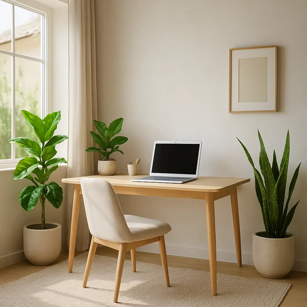 Minimalist home office with a light wood desk and chair set atop a soft beige rug, surrounded by potted plants and natural light from a nearby window, creating a warm, shared-space-friendly workspace.