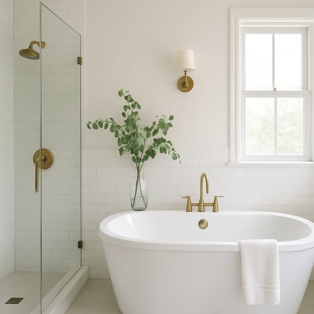 Bright spa-like bathroom with a frameless glass shower, deep soaking tub, brushed gold fixtures, and a eucalyptus arrangement.