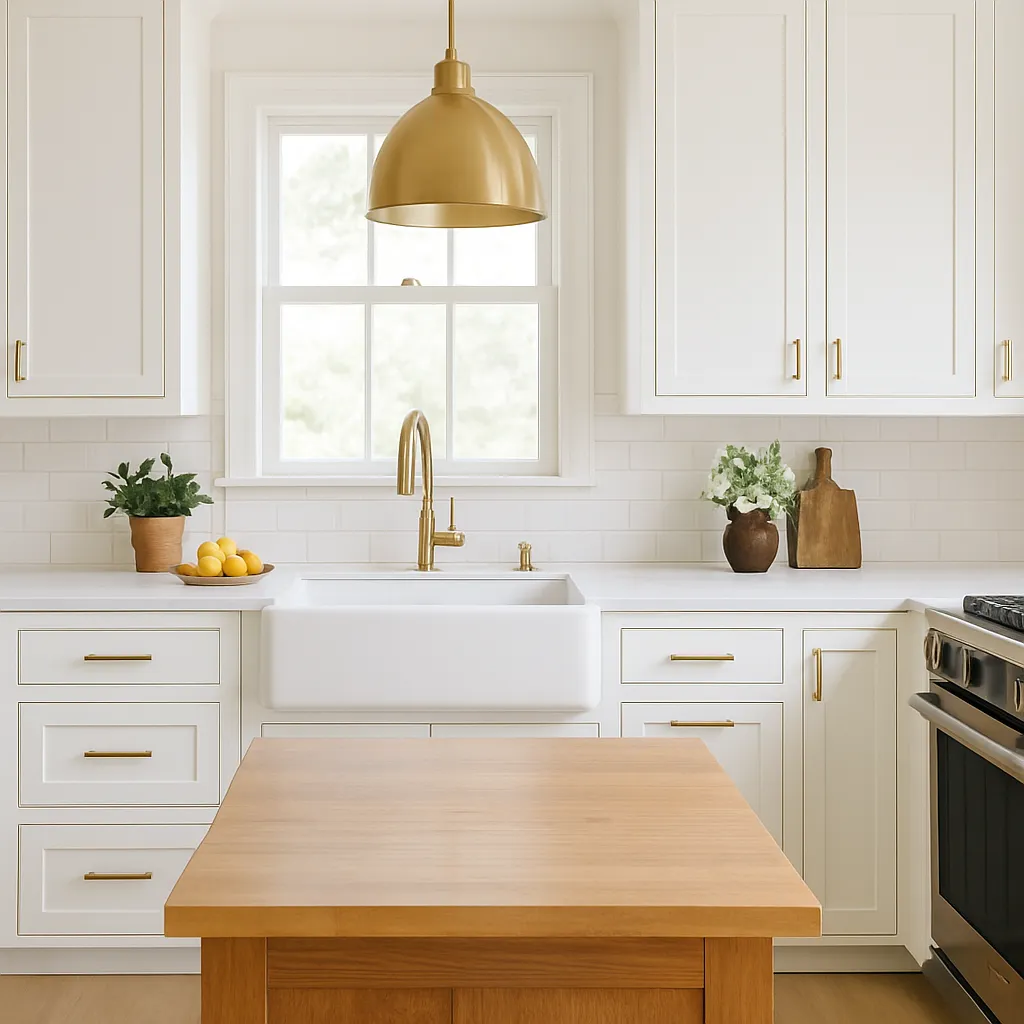 Bright, modern kitchen featuring white cabinetry, brass hardware, a farmhouse sink, and a warm wood island under a gold pendant light.