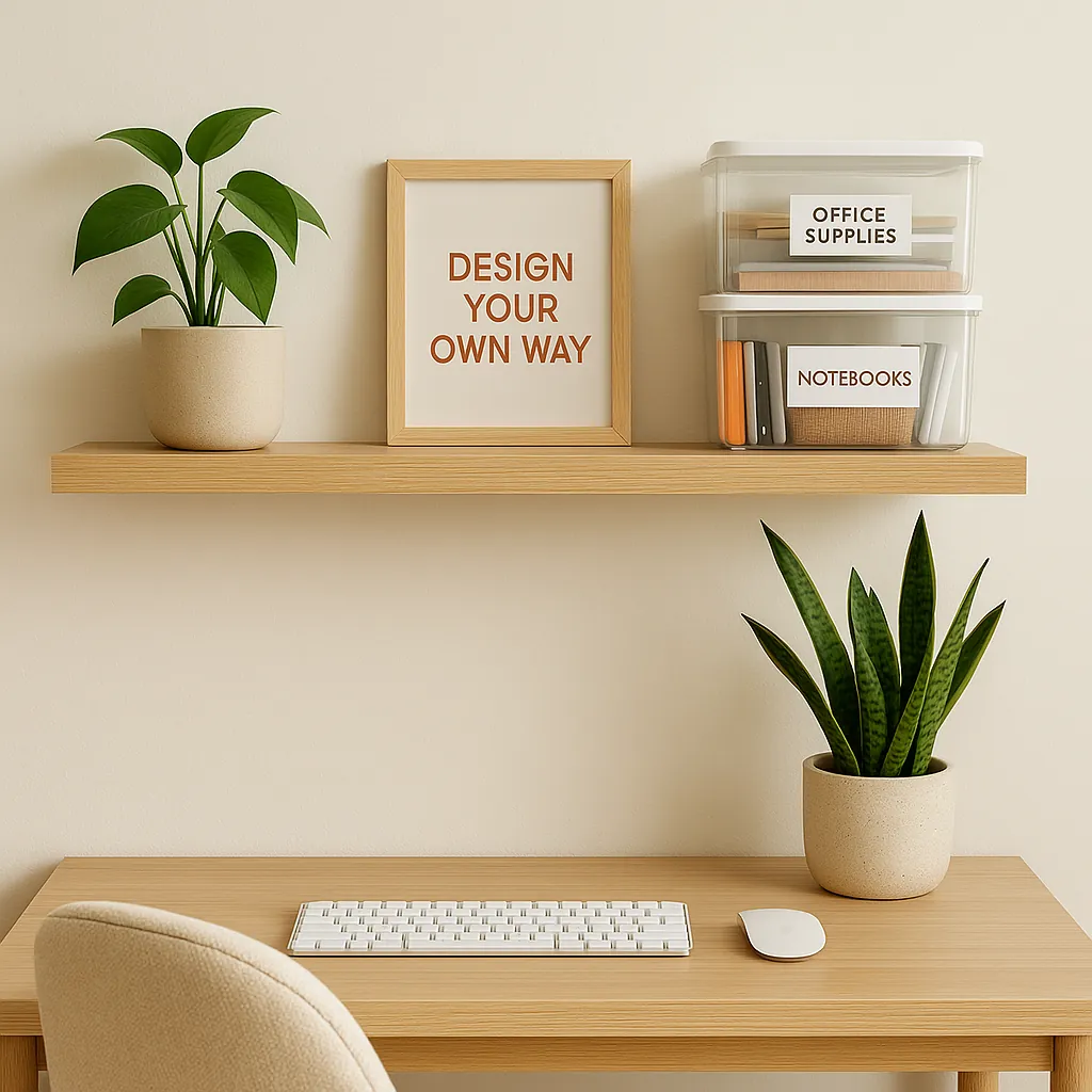 Modern home office setup with labeled clear storage bins for office supplies and notebooks, styled on a wooden floating shelf above a light wood desk with potted plants and minimalist decor.