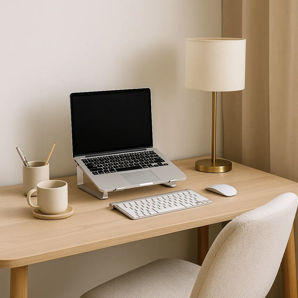 Minimalist home office with a laptop on a metal riser, wireless keyboard and mouse, ceramic mug, and a brass desk lamp, all styled in soft beige tones for an elegant, ergonomic tech setup.