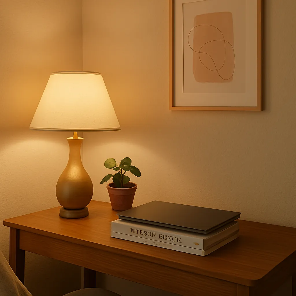 Cozy home office corner with a wooden desk, brass lamp casting a warm glow, stacked books, a small potted plant, and a framed abstract art print on a beige wall.