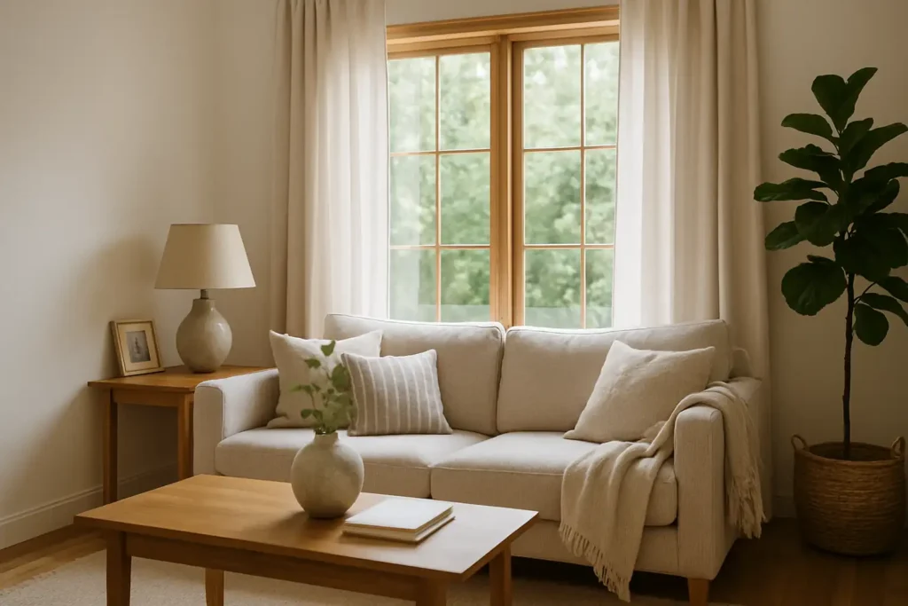 A bright, realistic living room featuring a beige sofa in front of a large window with light curtains, a wooden coffee table with a ceramic vase, and a potted fiddle-leaf fig tree in the corner.