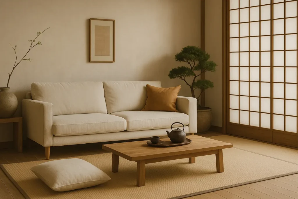 A peaceful Japanese-inspired living room featuring a neutral sofa, low wood coffee table, bonsai tree, and shoji screen — reflecting serene Japanese decorating trends with natural balance and calm textures.