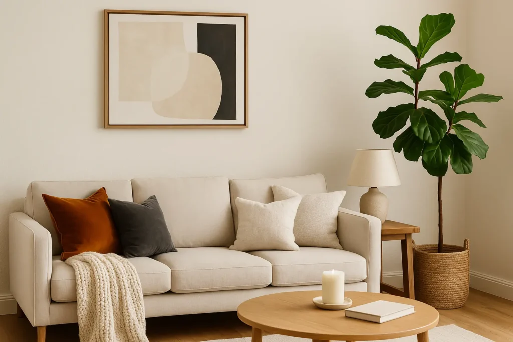 Modern neutral-toned living room featuring a beige sofa with velvet and linen pillows, a cozy knit throw, a round wooden coffee table, abstract wall art, a ceramic table lamp, and a tall fiddle-leaf fig in a woven basket.