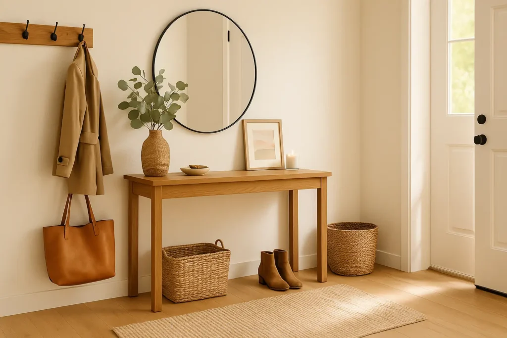 A sunlit entryway with a wooden console table, round mirror, eucalyptus vase, coat and tote bag on hooks, and a woven rug in a cozy, neutral space.
