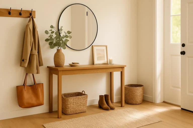 A sunlit entryway with a wooden console table, round mirror, eucalyptus vase, coat and tote bag on hooks, and a woven rug in a cozy, neutral space.