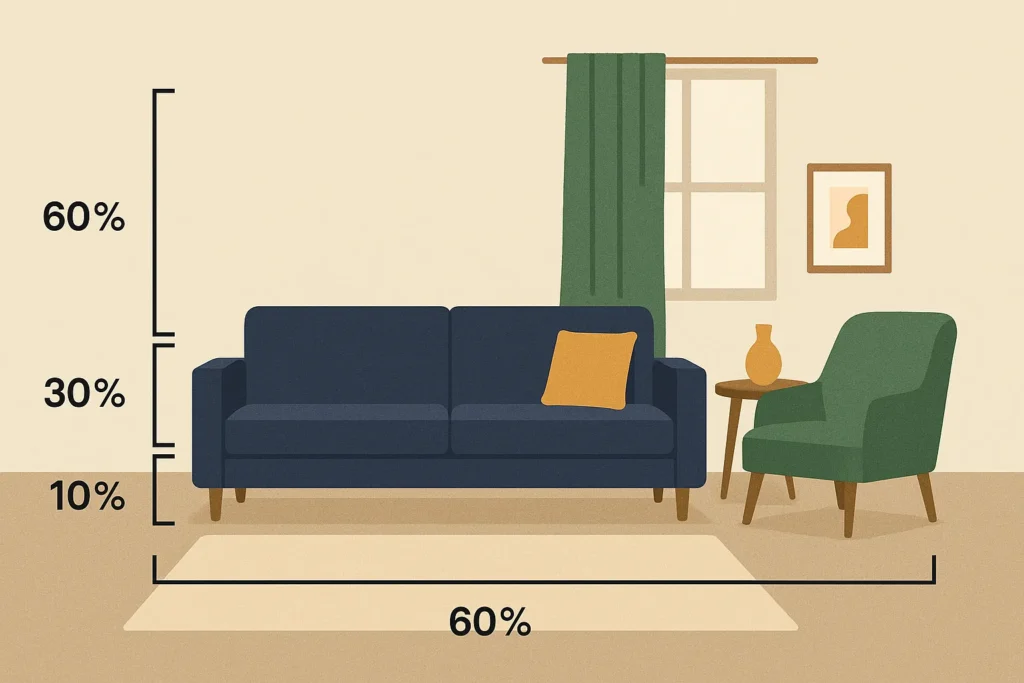 Illustration of the 60-30-10 color rule in a living room. The space is divided into 60% beige walls and rug, 30% green furniture and curtains, and 10% mustard yellow accents like a pillow, vase, and artwork — showing balanced color layering in interior design.